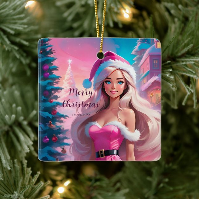 Beautiful Pink Christmas Girl 01 Ceramic Ornament (Tree)