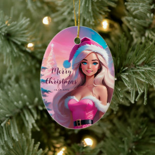 Beautiful Pink Christmas Girl 01 Ceramic Tree Decoration