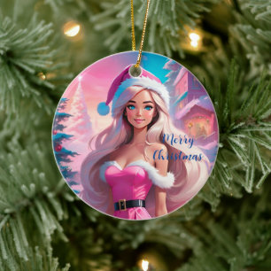 Beautiful Pink Christmas Girl 01 Ceramic Tree Decoration
