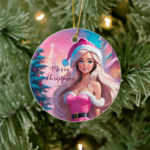 Beautiful Pink Christmas Girl 01 Ceramic Tree Decoration
