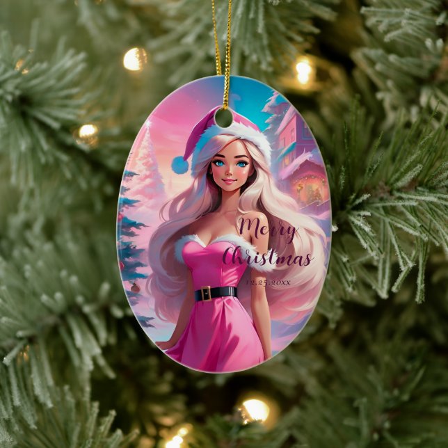 Beautiful Pink Christmas Girl 01 Ceramic Tree Decoration (Tree)