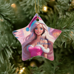 Beautiful Pink Christmas Girl 01 Ceramic Tree Decoration