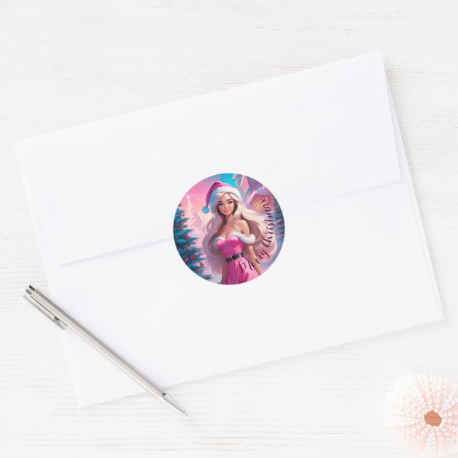 Beautiful Pink Christmas Girl 01 Classic Round Sticker (Envelope)