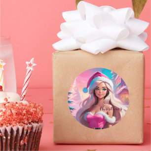 Beautiful Pink Christmas Girl 01 Classic Round Sticker