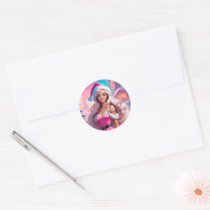 Beautiful Pink Christmas Girl 01 Classic Round Sticker