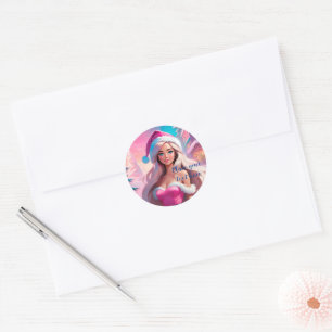 Beautiful Pink Christmas Girl 01 Classic Round Sticker
