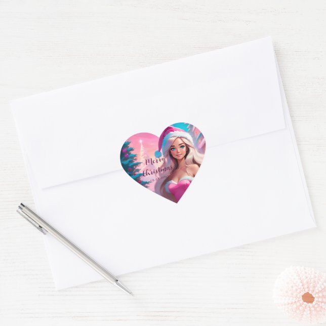 Beautiful Pink Christmas Girl 01 Heart Sticker (Envelope)