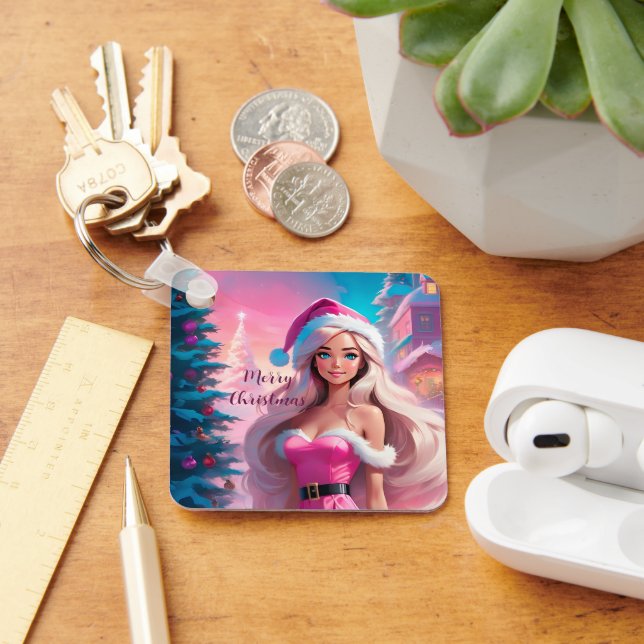 Beautiful Pink Christmas Girl 01 Key Ring (Desk)