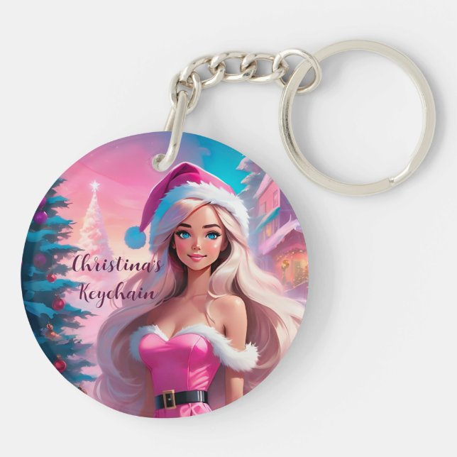 Beautiful Pink Christmas Girl 01 Key Ring (Back)