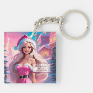 Beautiful Pink Christmas Girl 01 Key Ring