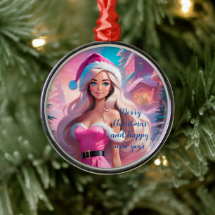 Beautiful Pink Christmas Girl 01 Metal Tree Decoration