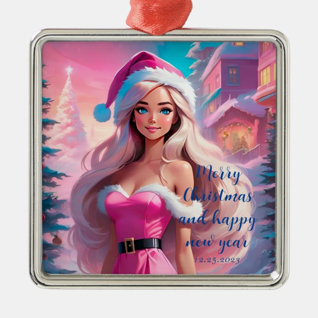 Beautiful Pink Christmas Girl 01 Metal Tree Decoration (Front)