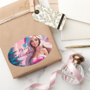 Beautiful Pink Christmas Girl 01 Oval Sticker