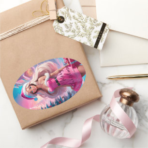 Beautiful Pink Christmas Girl 01 Oval Sticker