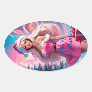 Beautiful Pink Christmas Girl 01 Oval Sticker