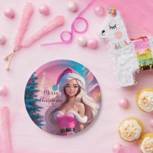 Beautiful Pink Christmas Girl 01 Paper Plate