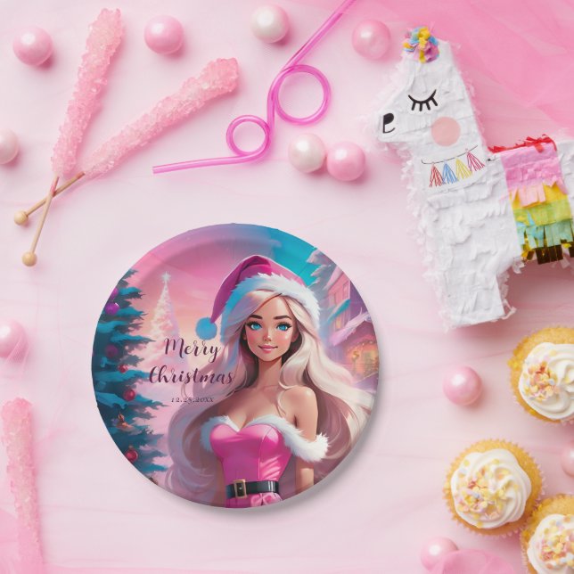 Beautiful Pink Christmas Girl 01 Paper Plate (Party)