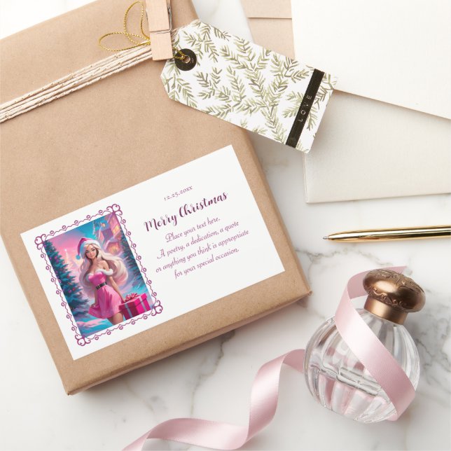 Beautiful Pink Christmas Girl 01 Rectangular Sticker (Gifting)