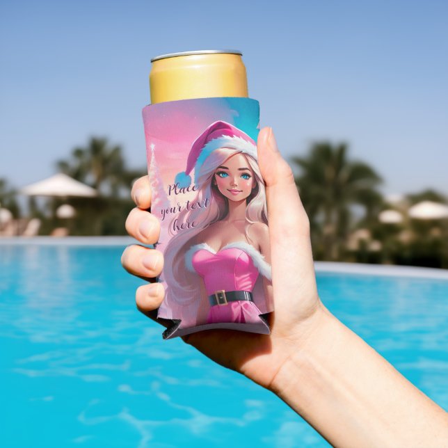 Beautiful Pink Christmas Girl 01 Seltzer Can Cooler (In Situ Pool)