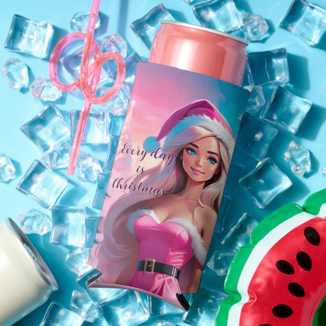 Beautiful Pink Christmas Girl 01 Seltzer Can Cooler (In Situ Summer)