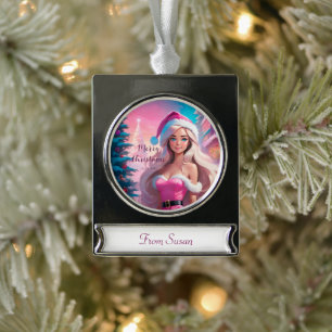 Beautiful Pink Christmas Girl 01 Silver Plated Banner Ornament