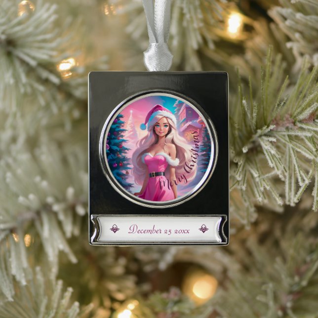 Beautiful Pink Christmas Girl 01 Silver Plated Banner Ornament (Tree)