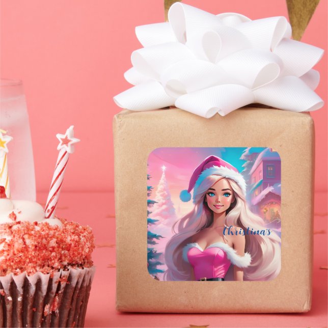 Beautiful Pink Christmas Girl 01 Square Sticker (Party)