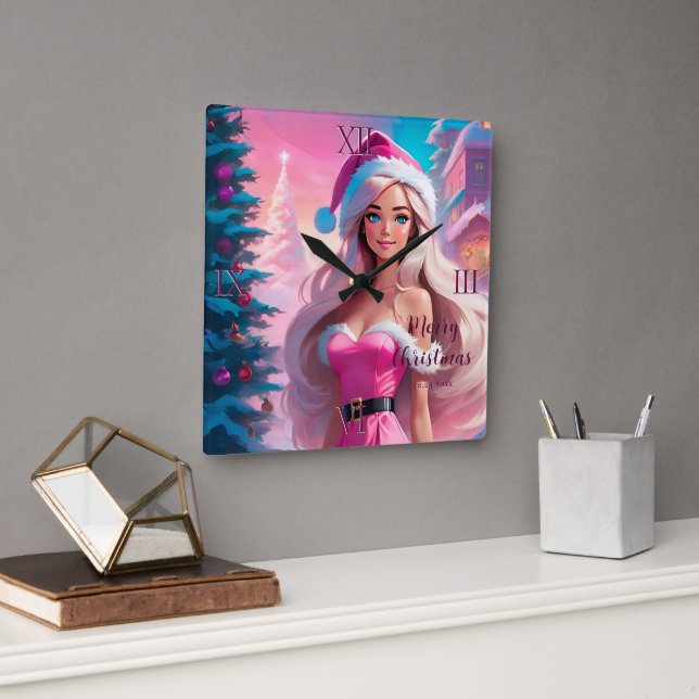 Beautiful Pink Christmas Girl 01 Square Wall Clock (Office)