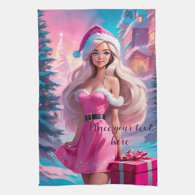 Beautiful Pink Christmas Girl 01 Tea Towel (Vertical)