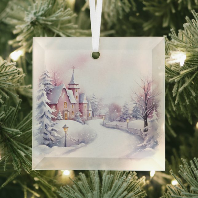 Beautiful Pink Christmas Landscapes  Glass Tree Decoration (Insitu)