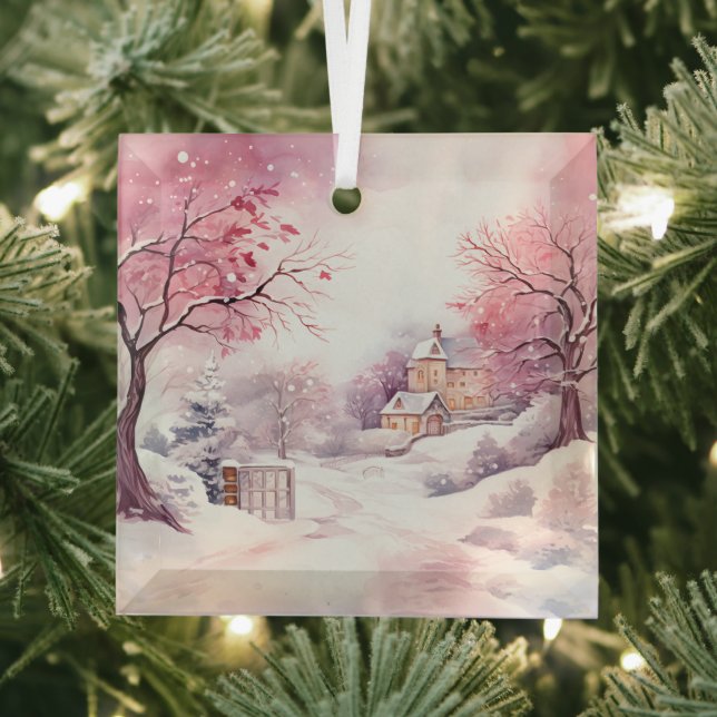Beautiful Pink Christmas Landscapes  Glass Tree Decoration (Insitu)