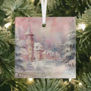 Beautiful Pink Christmas Landscapes  Glass Tree Decoration
