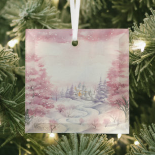 Beautiful Pink Christmas Landscapes Glass Tree Decoration