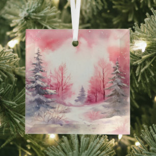 Beautiful Pink Christmas Landscapes Glass Tree Decoration