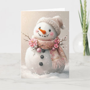 Beautiful Pink Christmas Snowman Blank Thank You Card