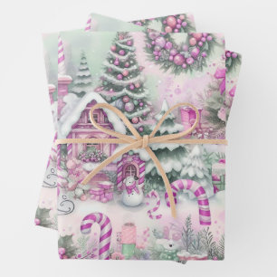 Beautiful Pink Christmas Village Gift Wrapping Paper Sheet