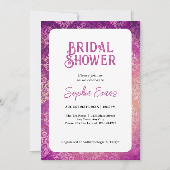Beautiful Pink Damask White Bridal Shower Invitation (Front)