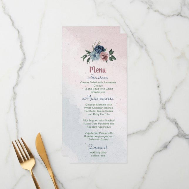 Beautiful pink dusty blue navy flowers greenery menu (Front/Back In Situ)