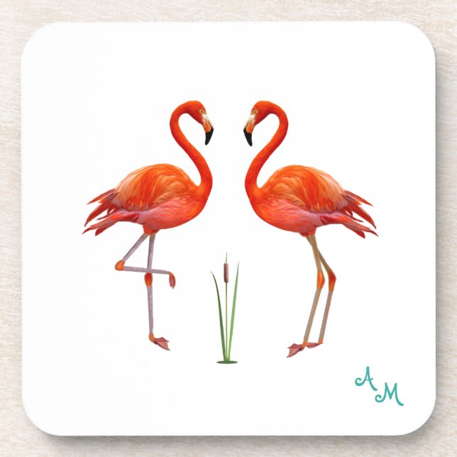 Beautiful Pink Flamingo Birds & Monogram on White Coaster (Front)