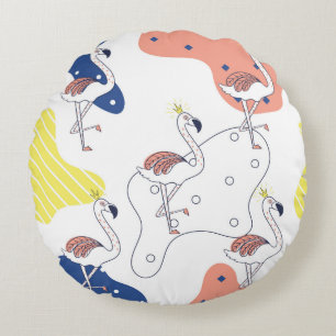 Beautiful pink flamingo with crown seamless patter round cushion
