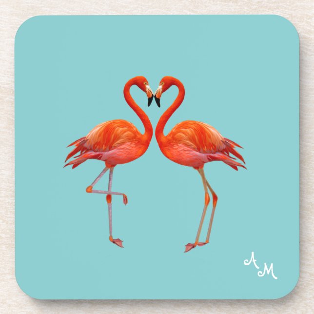 Beautiful Pink Flamingos & Monogram on Light Blue Coaster (Front)