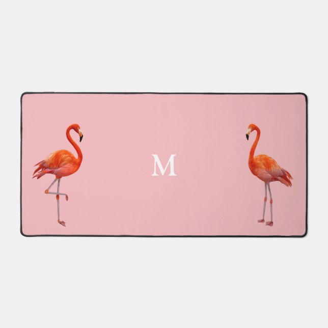 Beautiful Pink Flamingos & Monogram on Light Coral Desk Mat (Front)