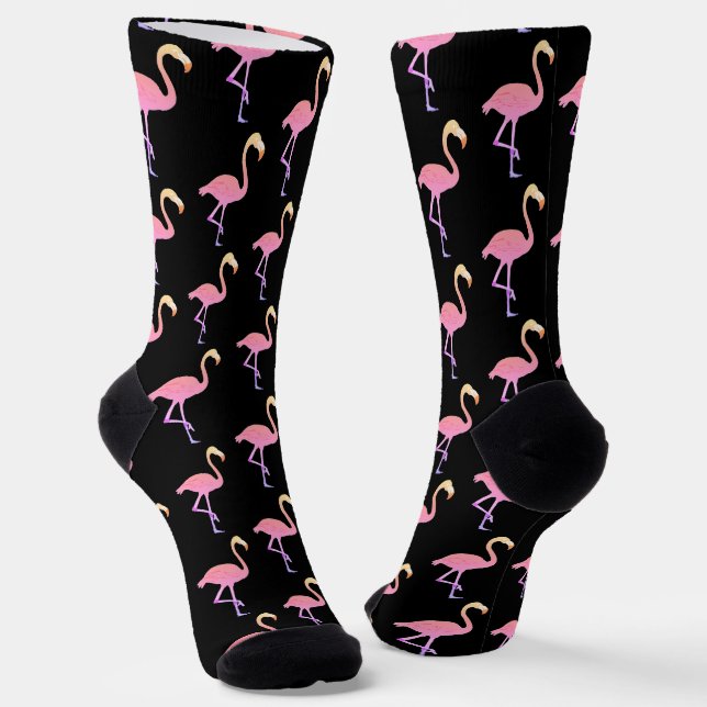 Beautiful Pink Flamingos on Black Crew Socks (Angled)