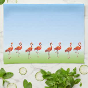 Beautiful Pink Flamingos on Light Blue Gradient Tea Towel