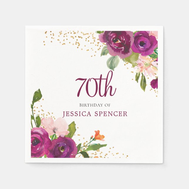 Beautiful Pink Floral 70th Birthday Party Napkin (Front)