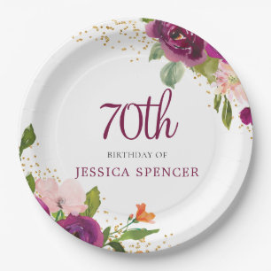 Beautiful Pink Floral 70th Birthday Party Paper Plate