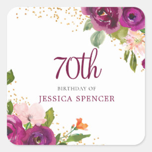 Beautiful Pink Floral 70th Birthday Party Square Sticker