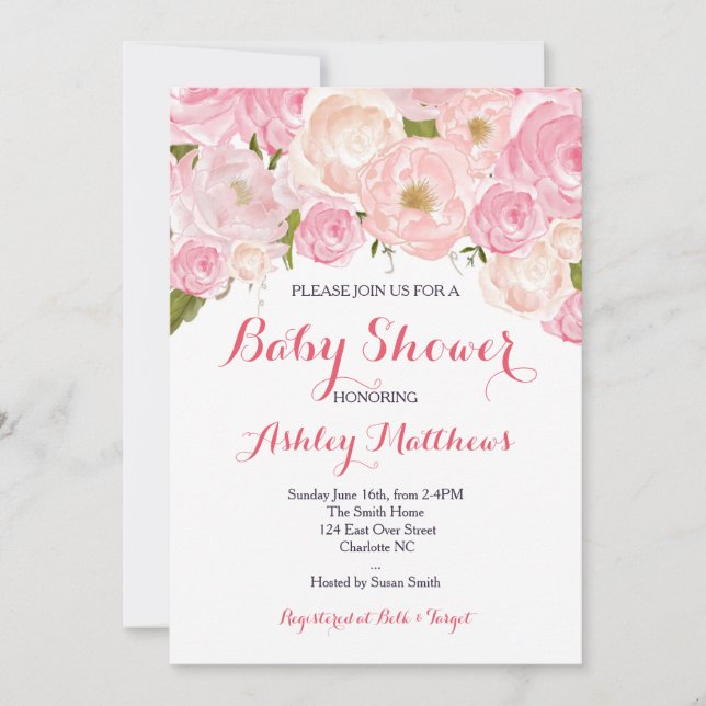 Beautiful Pink Floral Baby Shower Invitation, Baby Invitation (Front)