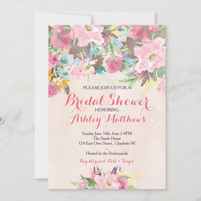 Beautiful Pink Floral Baby Shower Invitation, Baby Invitation (Front)