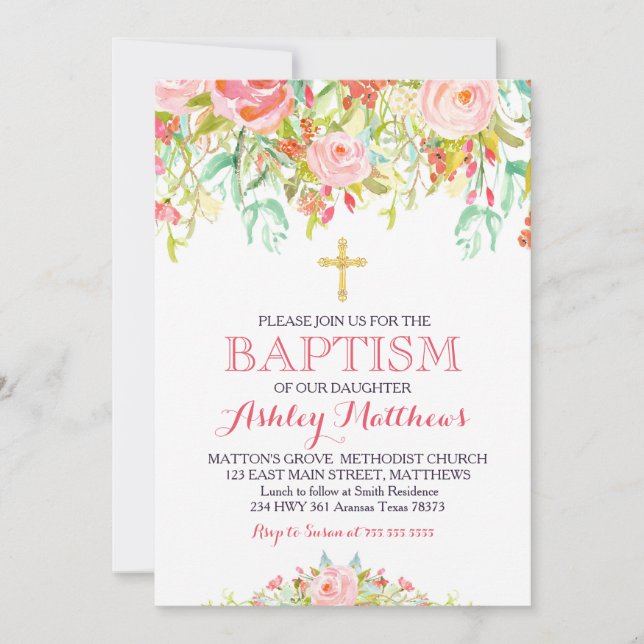 Beautiful Pink Floral BAPTISM Invitation (Front)